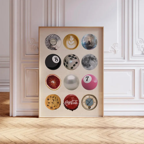 Affiche rétro en collage boule de billard et café